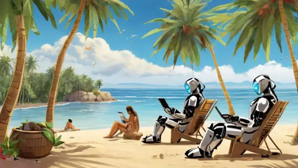 several robots and artificial intelligences at work but in a paradisiacal beach